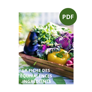 Couverture d'un PDF intitulé 'La fiche des équivalences ingrédients', avec une image d'une cagette remplie de légumes frais, notamment des poivrons, aubergines et choux.